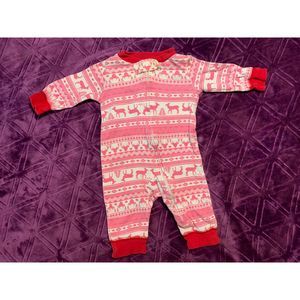 Carter's 3 Months one-piece zipper pajamas winter pink fair isle reindeer flawed